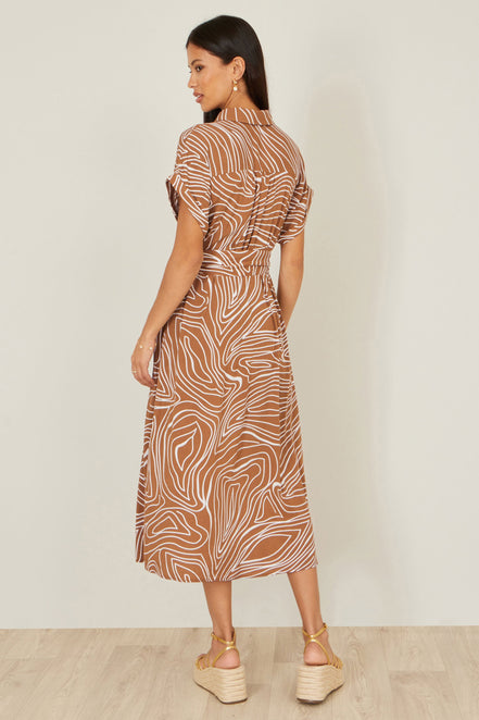 Yumi Brown Abstract Swirl Print Relaxed Midi Shirt Dress with Belt