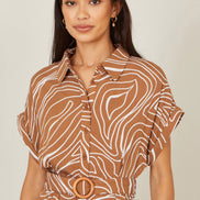 Yumi Brown Abstract Swirl Print Relaxed Midi Shirt Dress with Belt