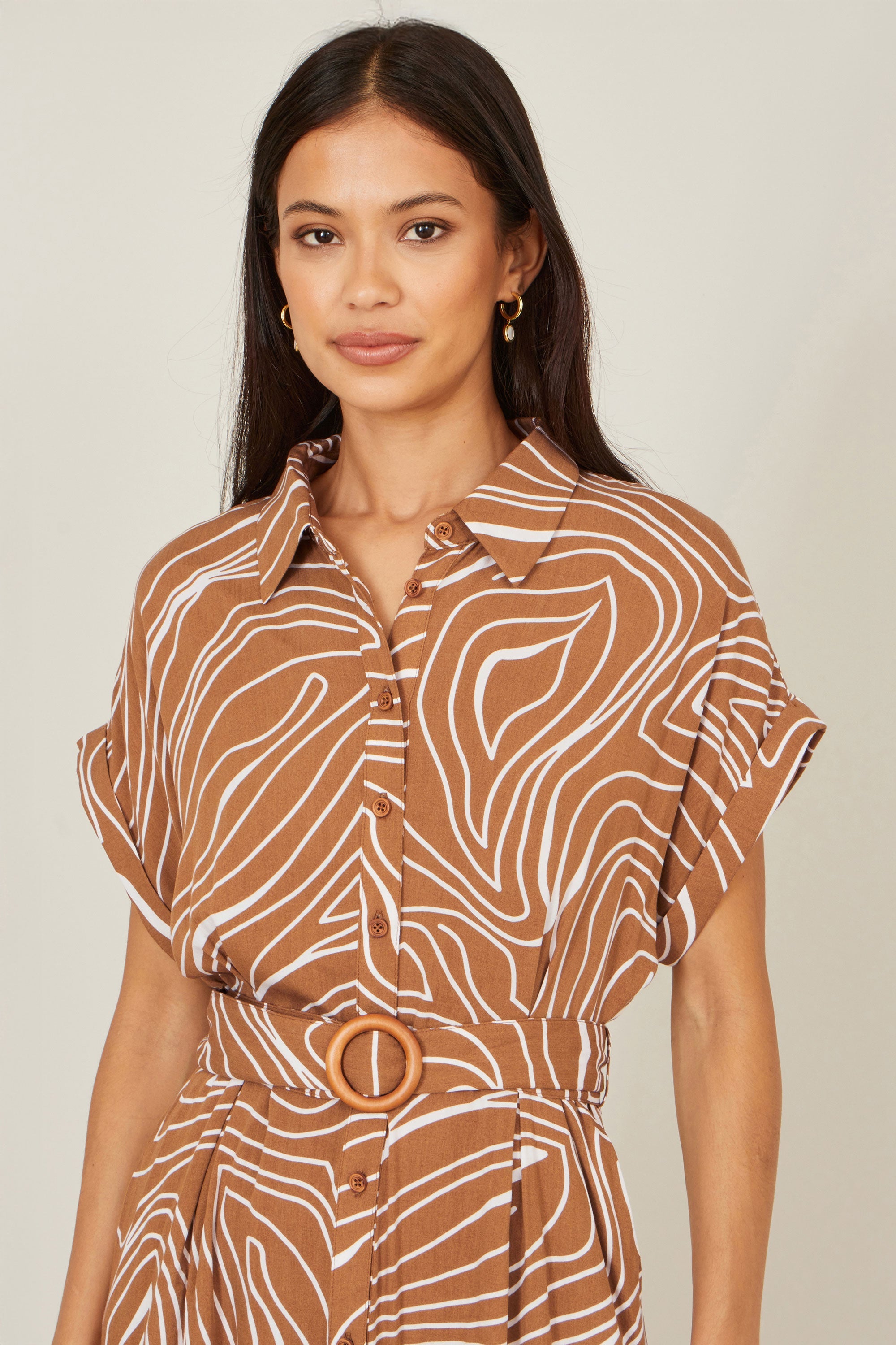 Yumi Brown Abstract Swirl Print Relaxed Midi Shirt Dress with Belt