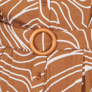 Yumi Brown Abstract Swirl Print Relaxed Midi Shirt Dress with Belt