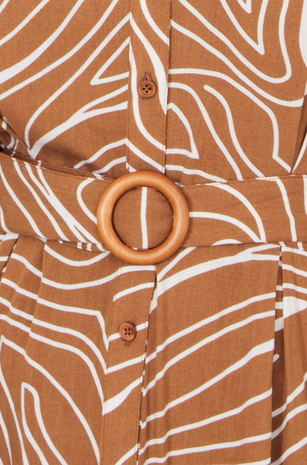 Yumi Brown Abstract Swirl Print Relaxed Midi Shirt Dress with Belt