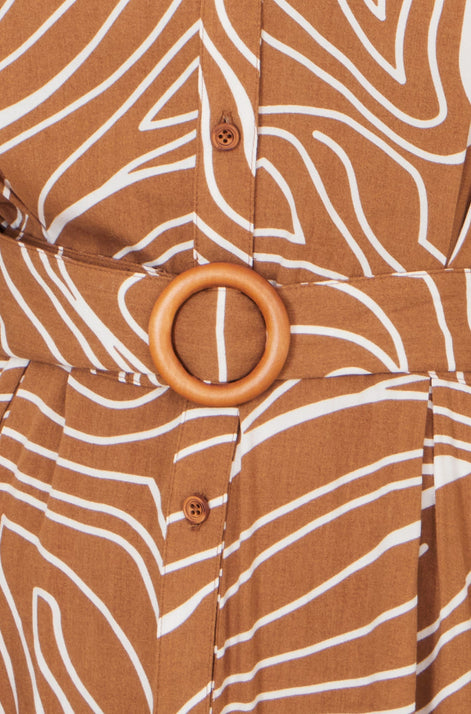 Yumi Brown Abstract Swirl Print Relaxed Midi Shirt Dress With Belt