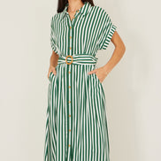 Yumi Green Stripe Print Relaxed Midi Shirt Dress with Belt