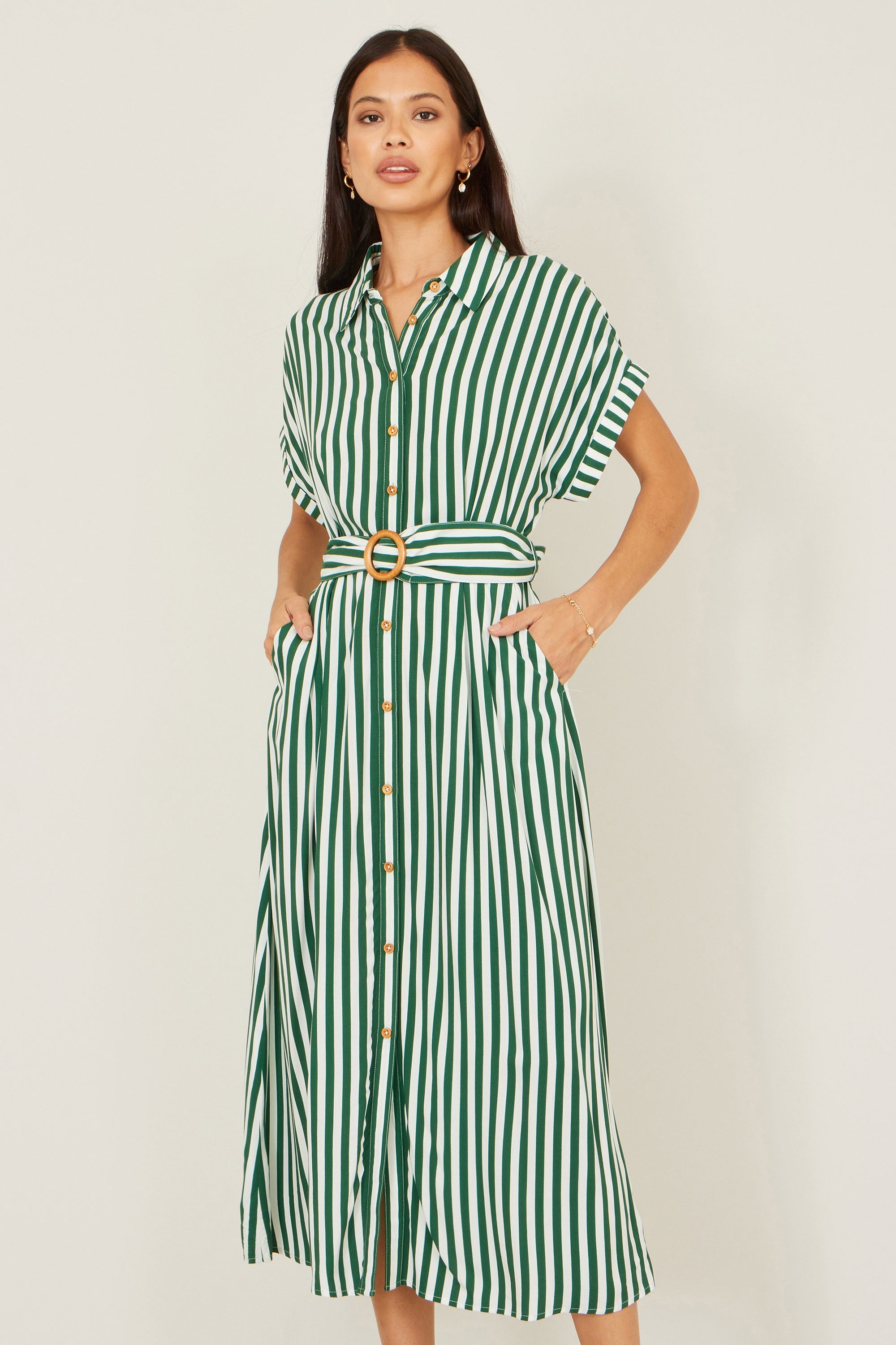 Yumi Green Stripe Print Relaxed Midi Shirt Dress with Belt