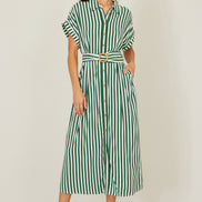 Yumi Green Stripe Print Relaxed Midi Shirt Dress with Belt
