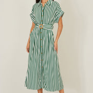 Yumi Green Stripe Print Relaxed Midi Shirt Dress with Belt