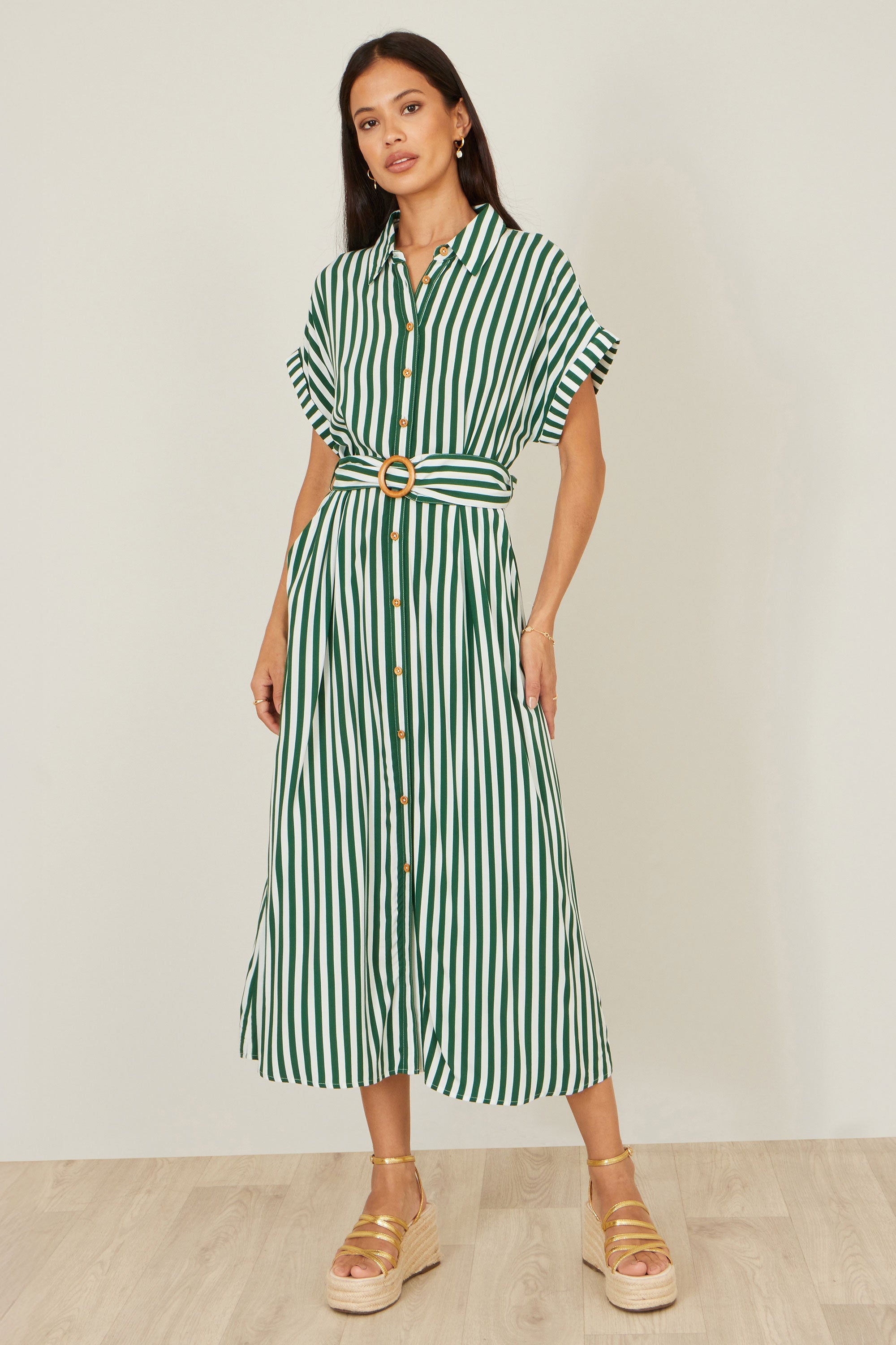 Yumi Green Stripe Print Relaxed Midi Shirt Dress with Belt