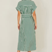 Yumi Green Stripe Print Relaxed Midi Shirt Dress with Belt