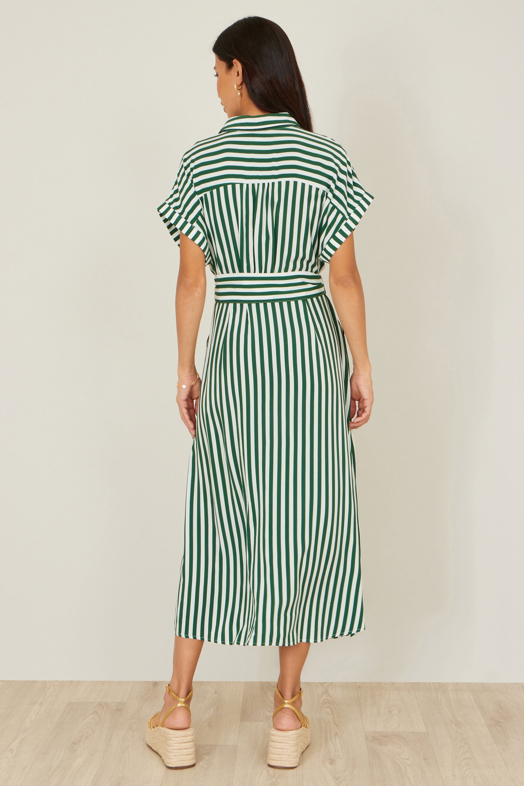 Yumi Green Stripe Print Relaxed Midi Shirt Dress with Belt
