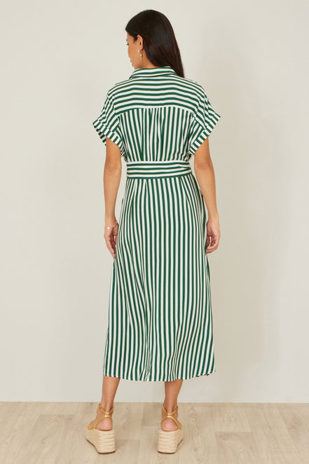 Yumi Green Stripe Print Relaxed Midi Shirt Dress with Belt