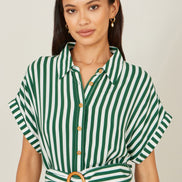 Yumi Green Stripe Print Relaxed Midi Shirt Dress with Belt