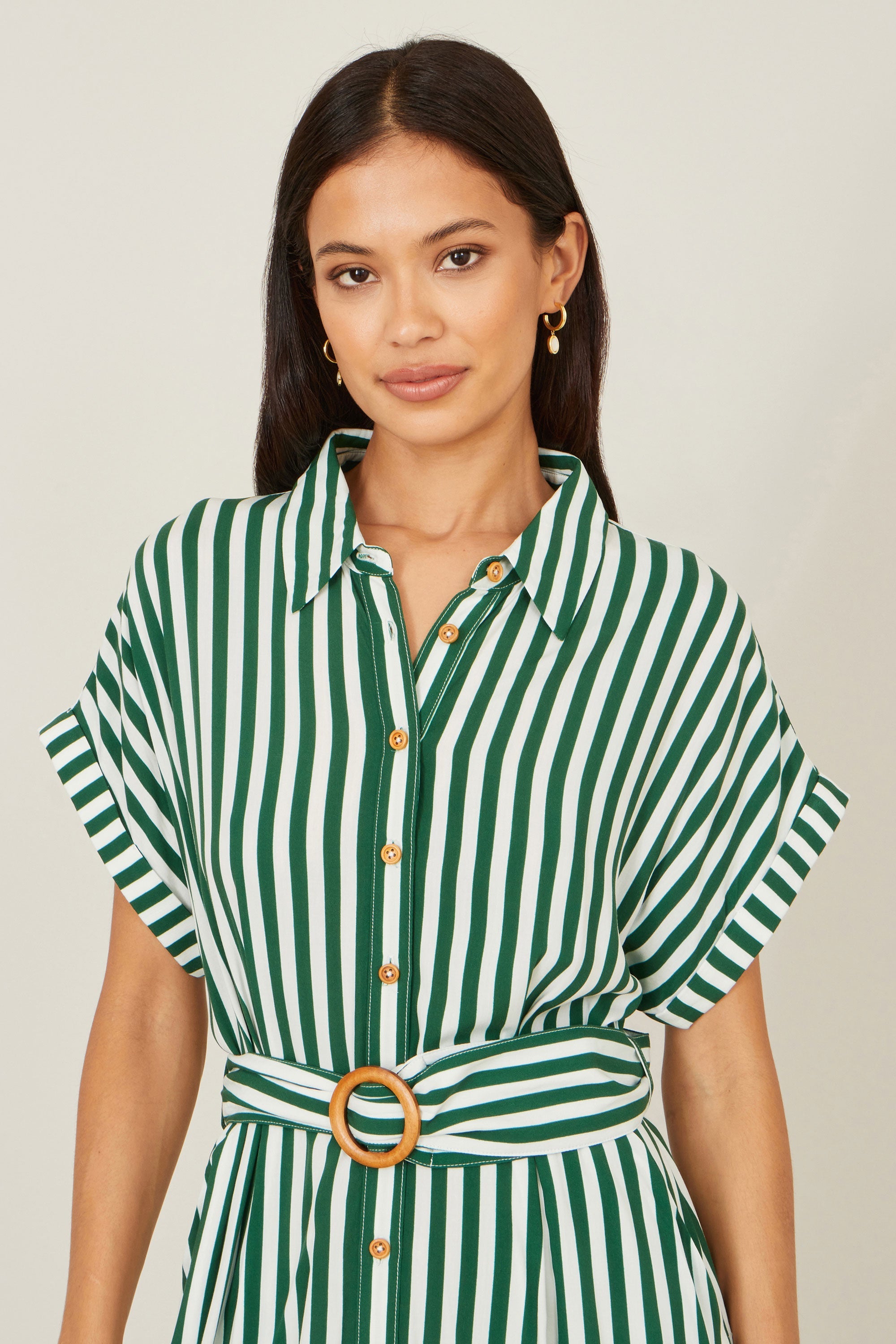 Yumi Green Stripe Print Relaxed Midi Shirt Dress with Belt