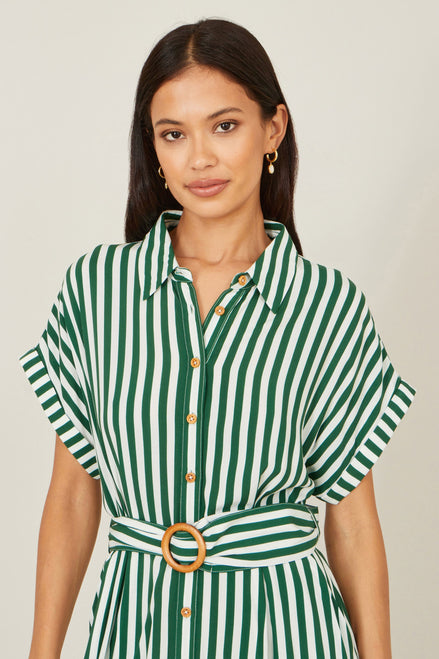 Yumi Green Stripe Print Relaxed Midi Shirt Dress with Belt
