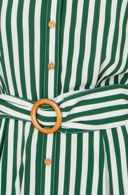 Yumi Green Stripe Print Relaxed Midi Shirt Dress with Belt