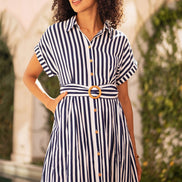 Yumi Navy Stripe Print Relaxed Midi Shirt Dress with Belt
