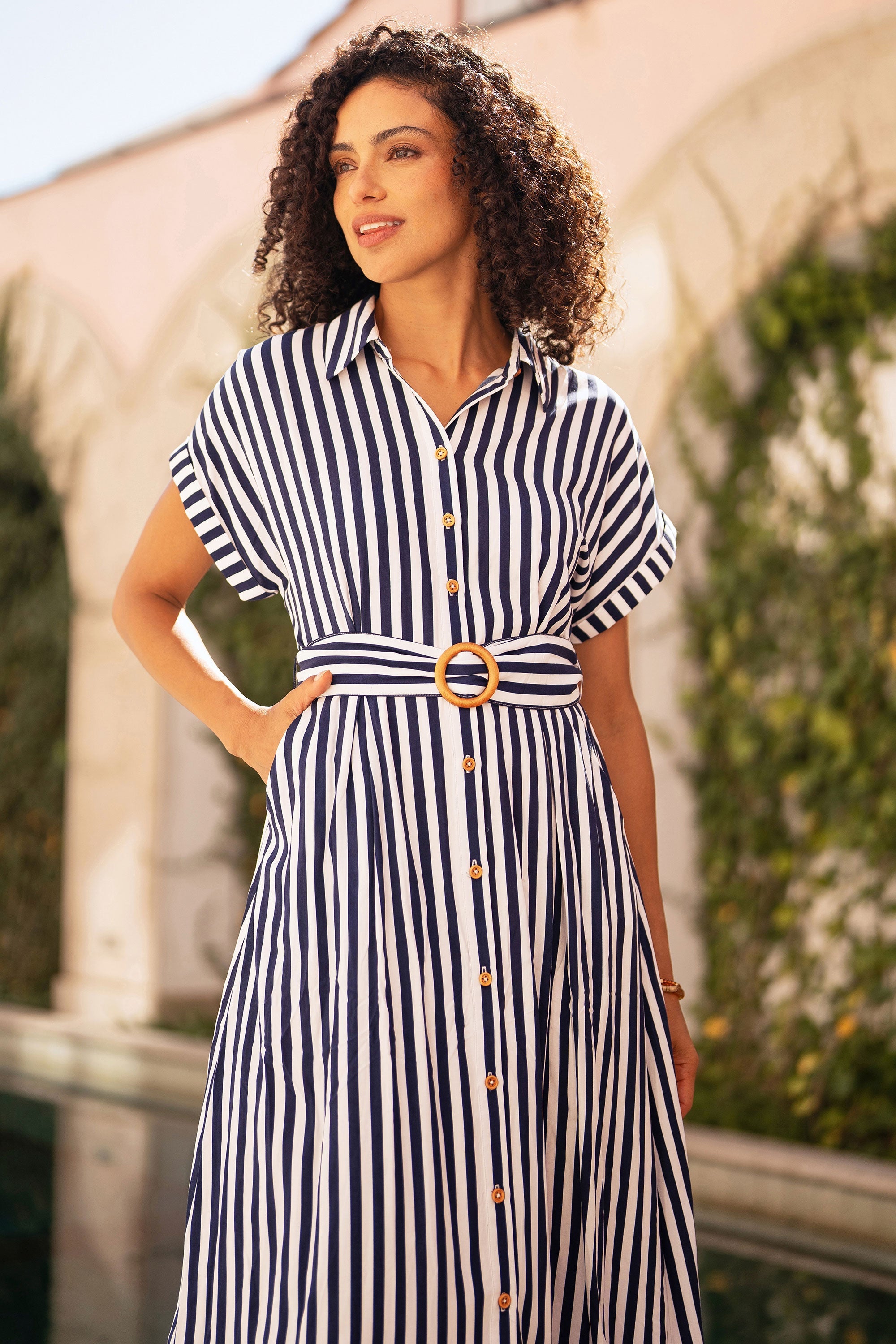 Yumi Navy Stripe Print Relaxed Midi Shirt Dress with Belt