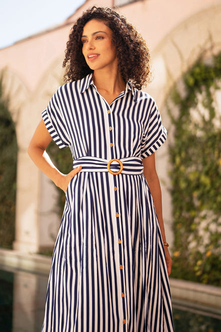 Yumi Navy Stripe Print Relaxed Midi Shirt Dress with Belt