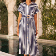 Yumi Navy Stripe Print Relaxed Midi Shirt Dress with Belt