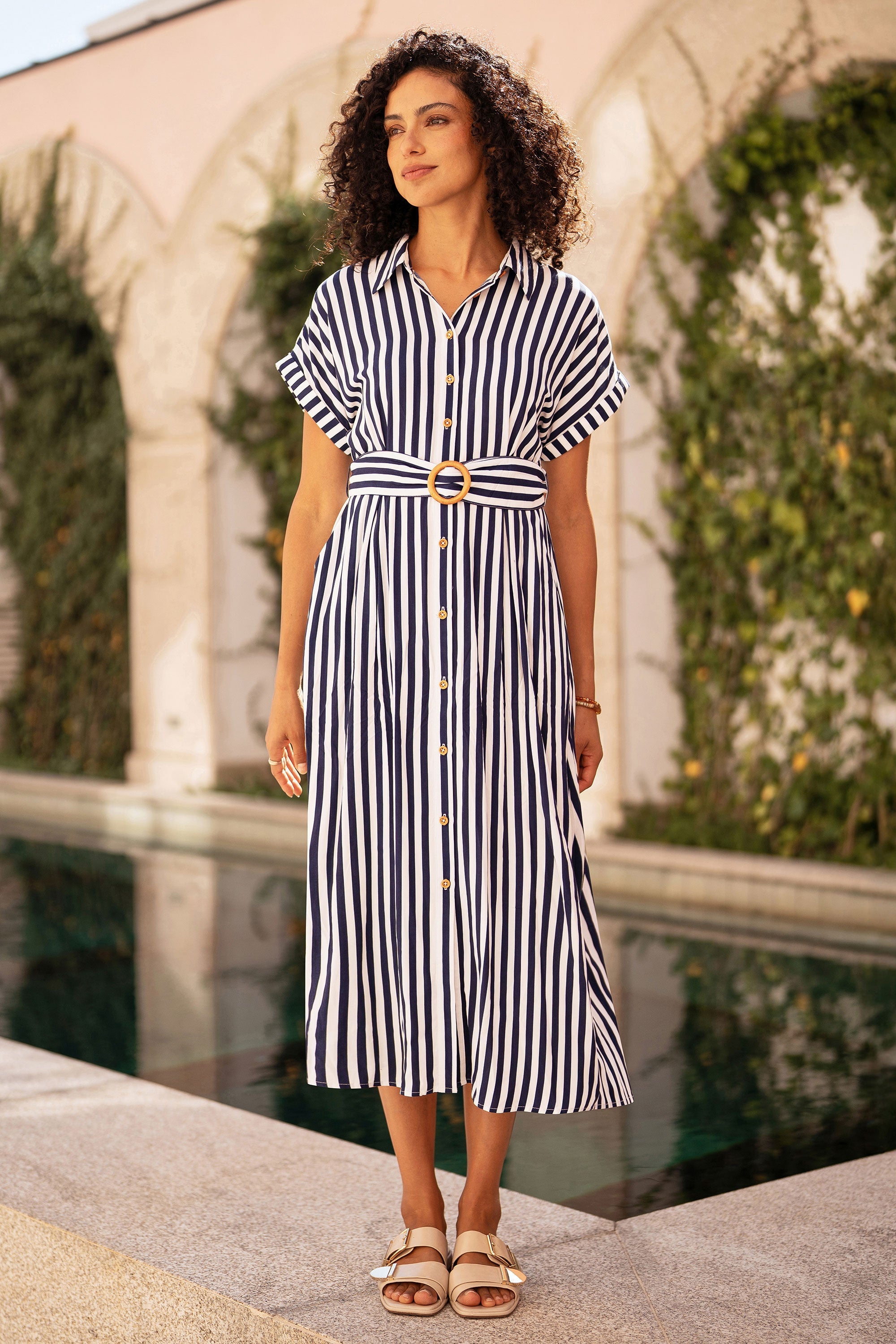Yumi Navy Stripe Print Relaxed Midi Shirt Dress with Belt