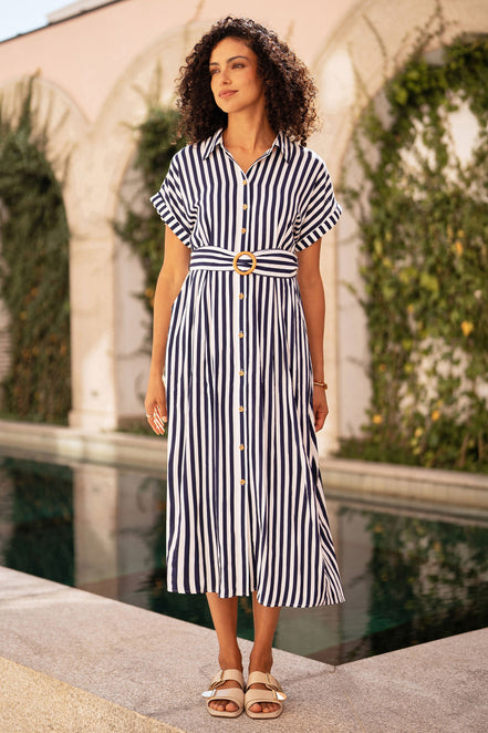 Yumi Navy Stripe Print Relaxed Midi Shirt Dress with Belt