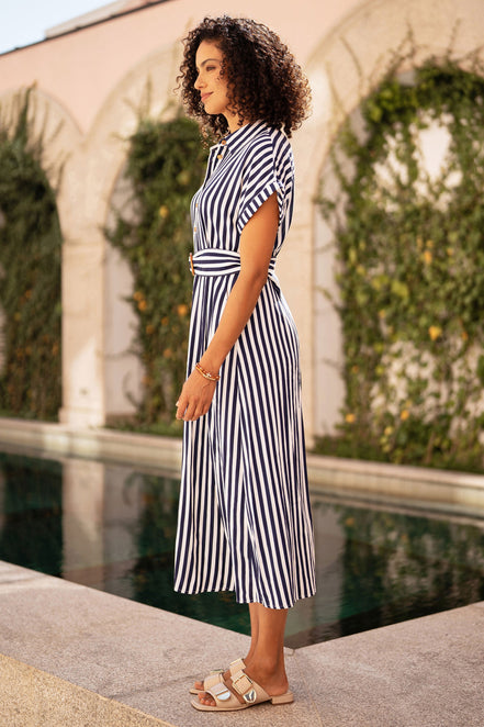 Yumi Navy Stripe Print Relaxed Midi Shirt Dress with Belt