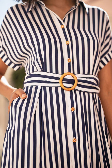 Yumi Navy Stripe Print Relaxed Midi Shirt Dress with Belt