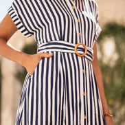 Yumi Navy Stripe Print Relaxed Midi Shirt Dress with Belt