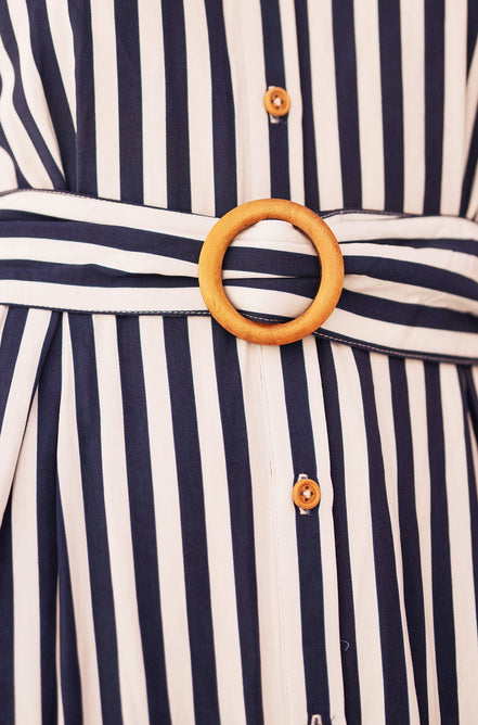 Yumi Navy Stripe Print Relaxed Midi Shirt Dress with Belt
