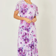 Yumi Lavender Floral Print Frill Midi Dress