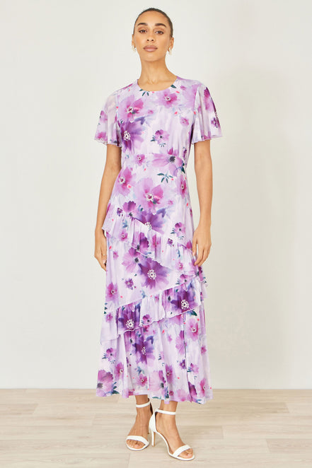 Yumi Lavender Floral Print Frill Midi Dress