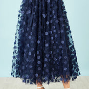 Yumi Navy Mesh Floral Applique Midi Skirt