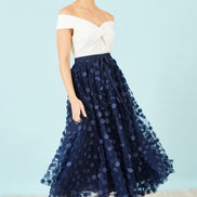 Yumi Navy Mesh Floral Applique Midi Skirt