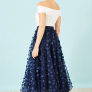 Yumi Navy Mesh Floral Applique Midi Skirt