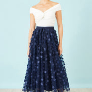 Yumi Navy Mesh Floral Applique Midi Skirt