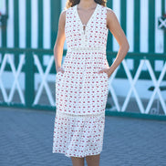 Yumi White Cherry Print Lace Trim Cotton Midi Dress