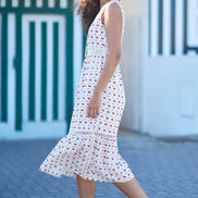 Yumi White Cherry Print Lace Trim Cotton Midi Dress