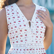 Yumi White Cherry Print Lace Trim Cotton Midi Dress