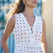 Yumi White Cherry Print Lace Trim Cotton Midi Dress