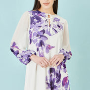 Yumi White Floral Placement Tunic with Keyhole Neckline