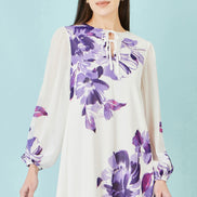 Yumi White Floral Placement Tunic with Keyhole Neckline