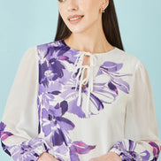 Yumi White Floral Placement Tunic with Keyhole Neckline