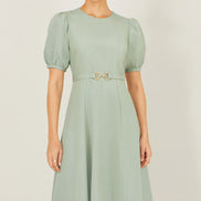 Yumi Mint Skater Dress with Puff Sleeves and Buckle Detail