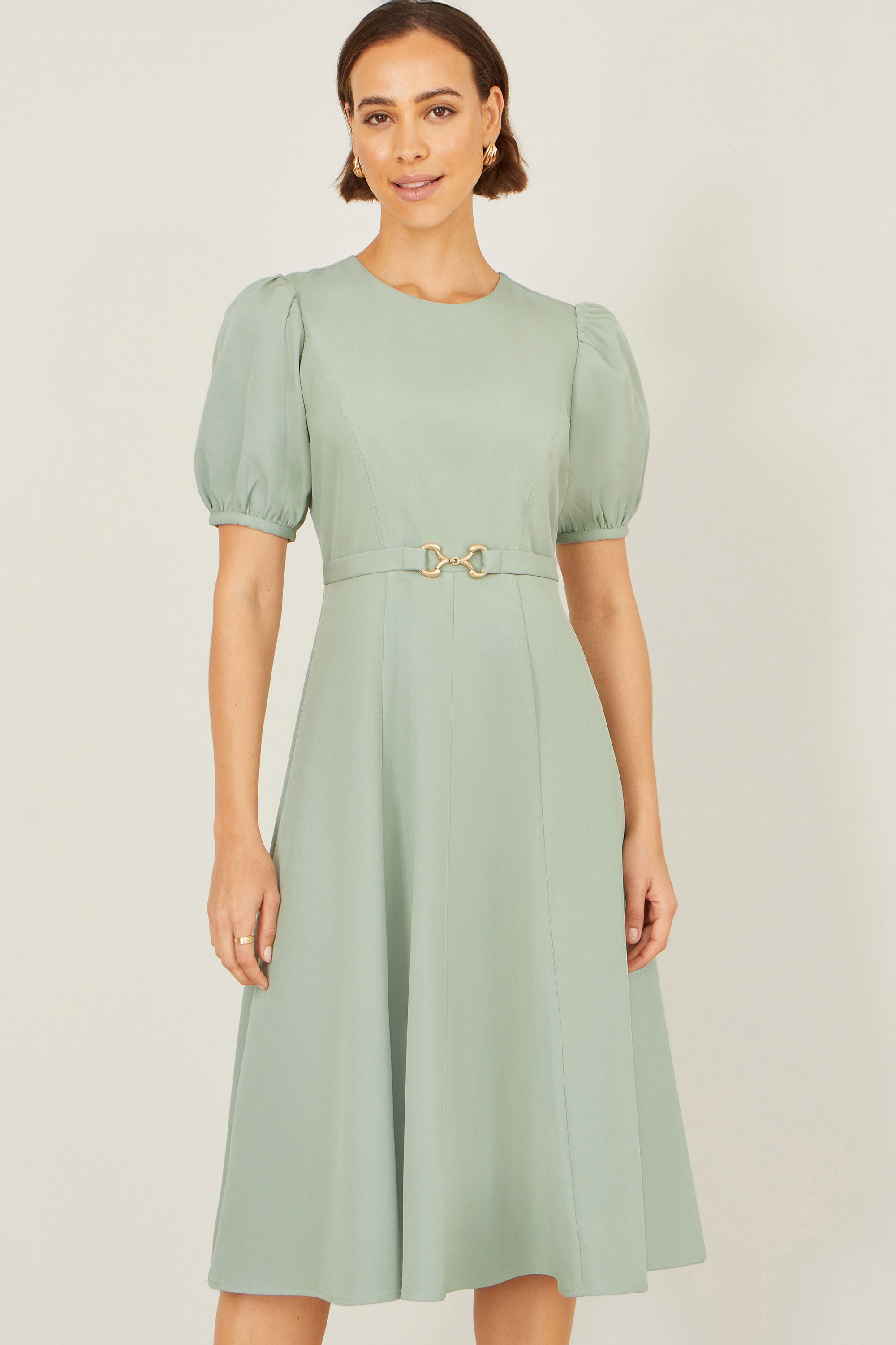 Yumi Mint Skater Dress with Puff Sleeves and Buckle Detail