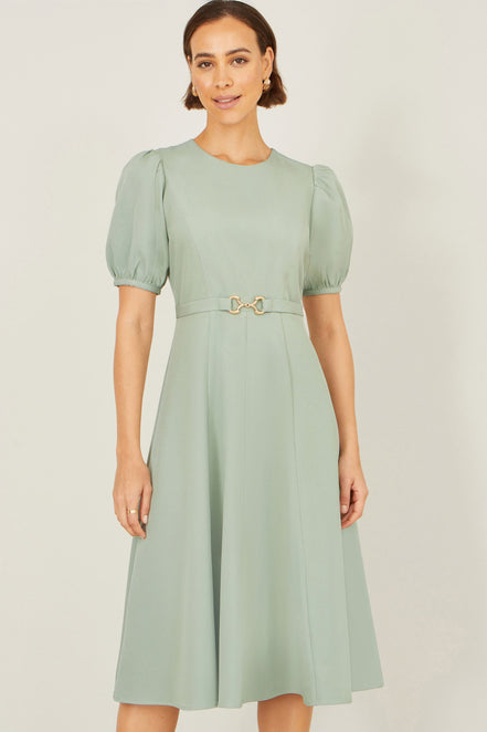 Yumi Mint Skater Dress with Puff Sleeves and Buckle Detail