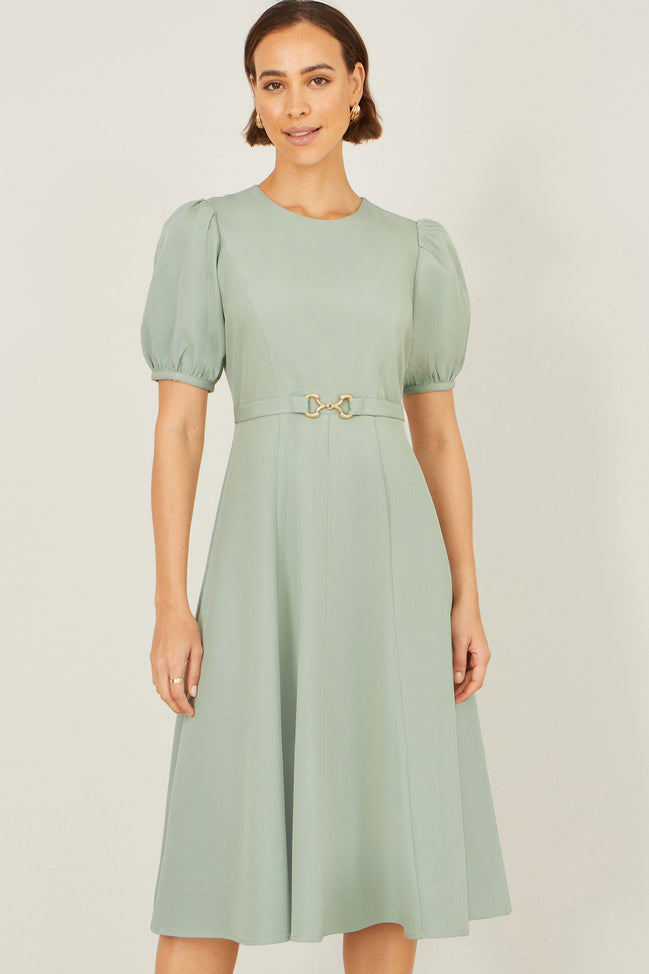 Yumi Mint Skater Dress with Puff Sleeves and Buckle Detail
