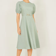 Yumi Mint Skater Dress with Puff Sleeves and Buckle Detail