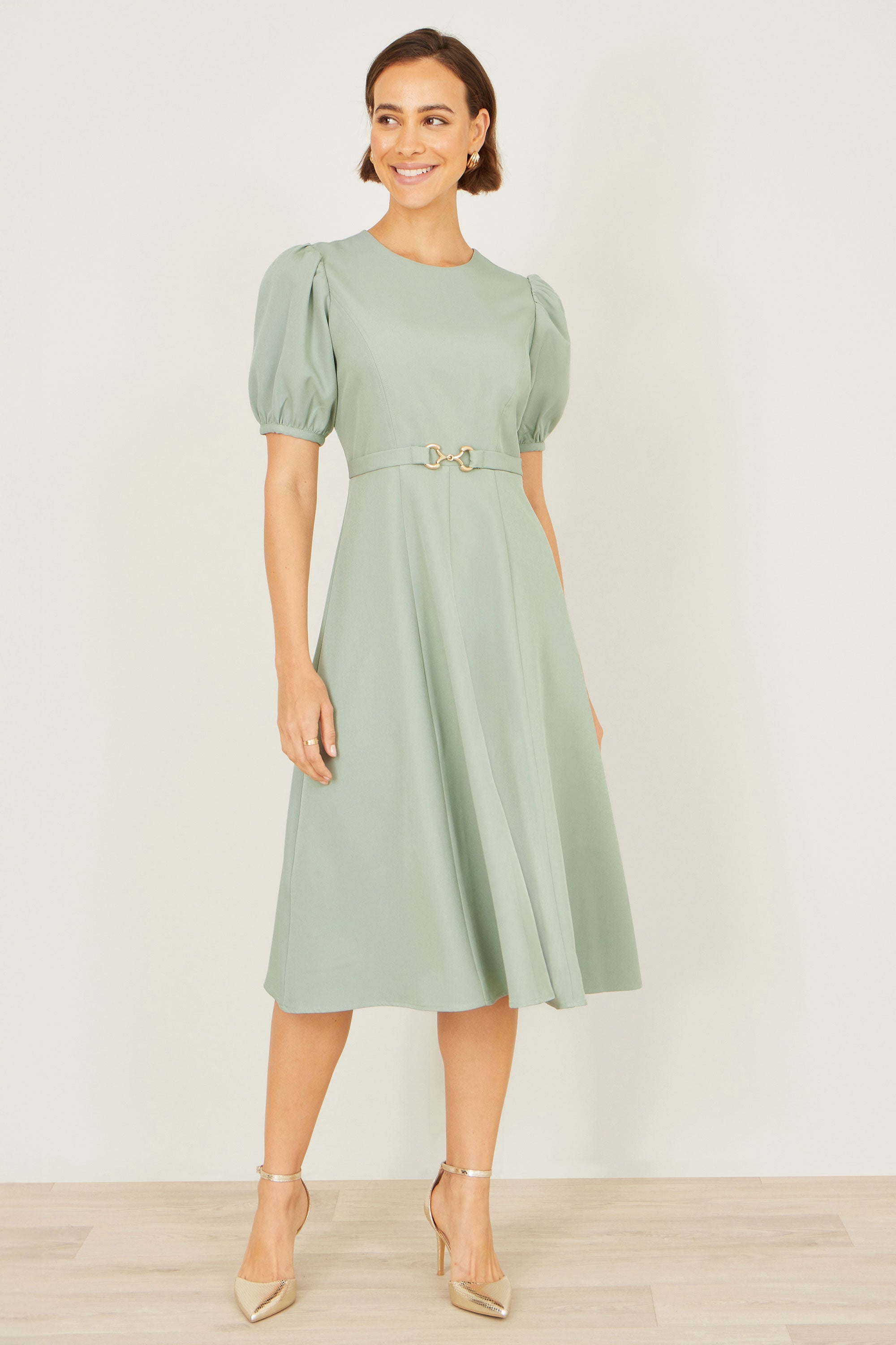 Yumi Mint Skater Dress with Puff Sleeves and Buckle Detail