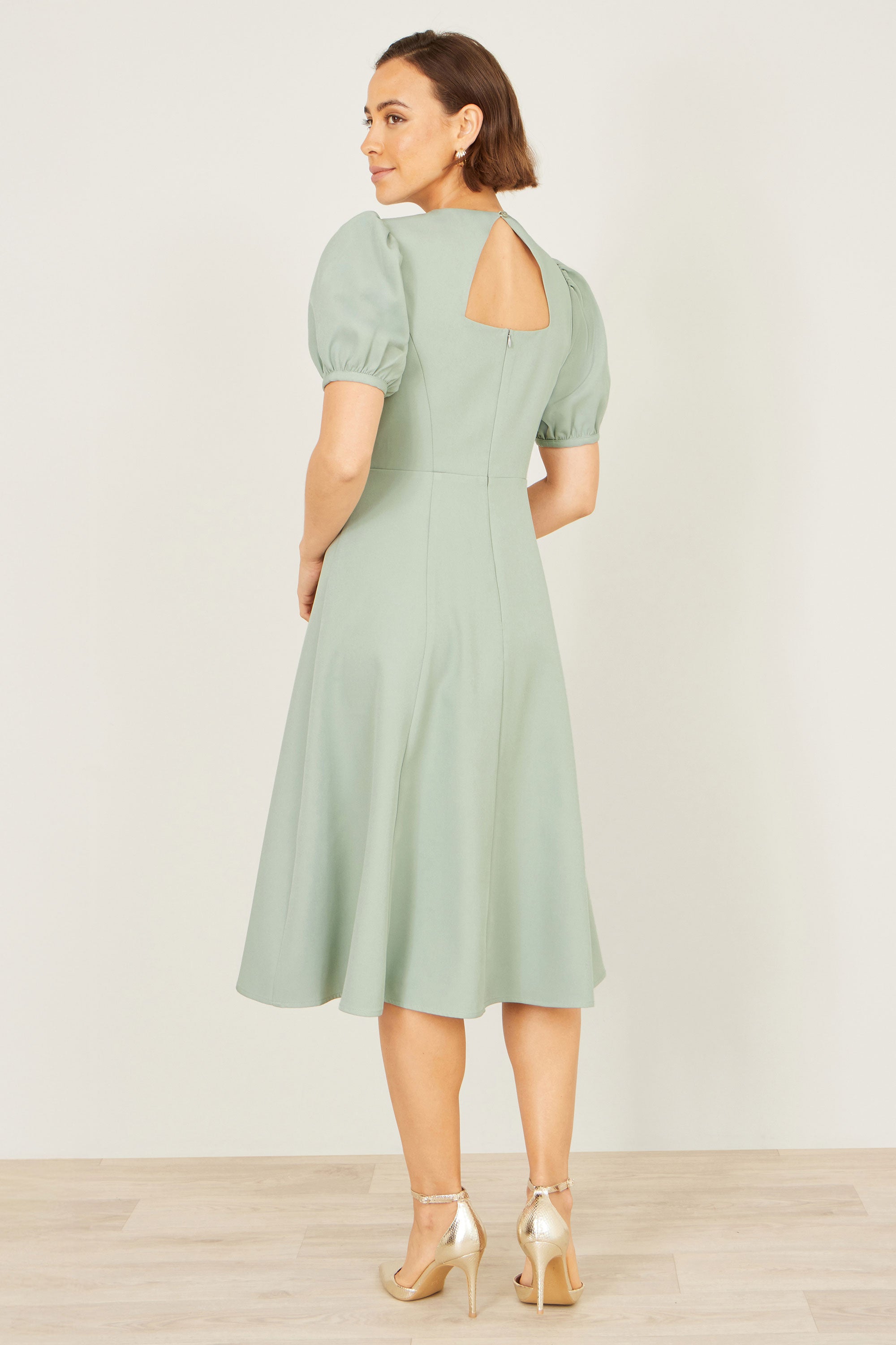 Yumi Mint Skater Dress with Puff Sleeves and Buckle Detail