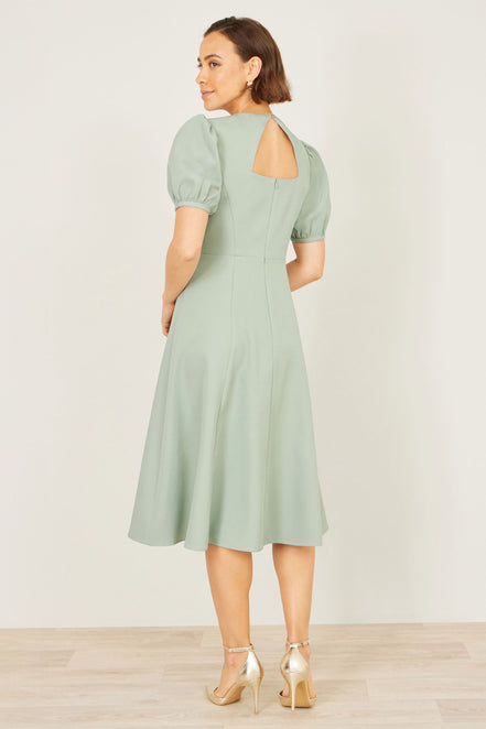 Yumi Mint Skater Dress with Puff Sleeves and Buckle Detail