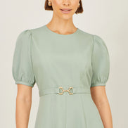 Yumi Mint Skater Dress with Puff Sleeves and Buckle Detail